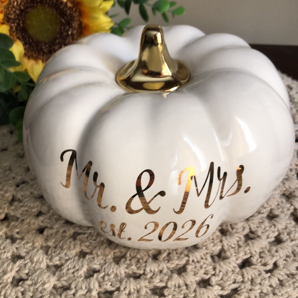 Mr. & Mrs. Est. 2026 White Ceramic Pumpkin with Gold Accent - Wedding Decor - Picture 5 of 5